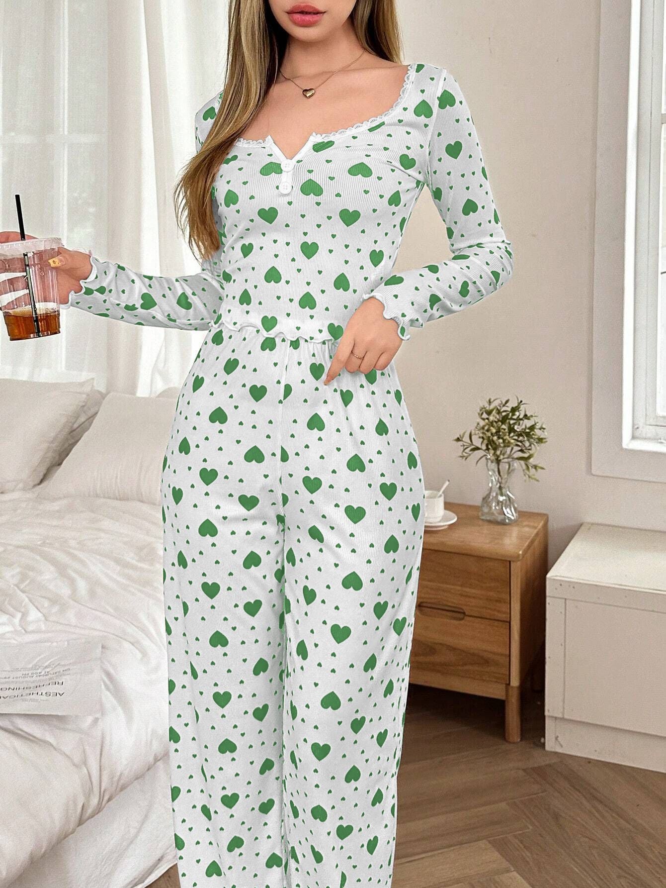 Pink Heart Print Ribbed Henley Pajama Set