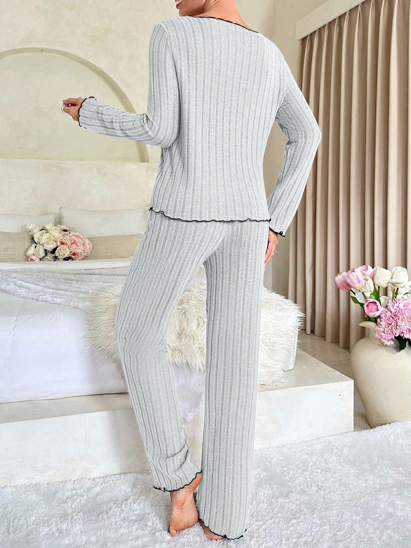Coquette Contrast Trim Ribbed Pajama Set