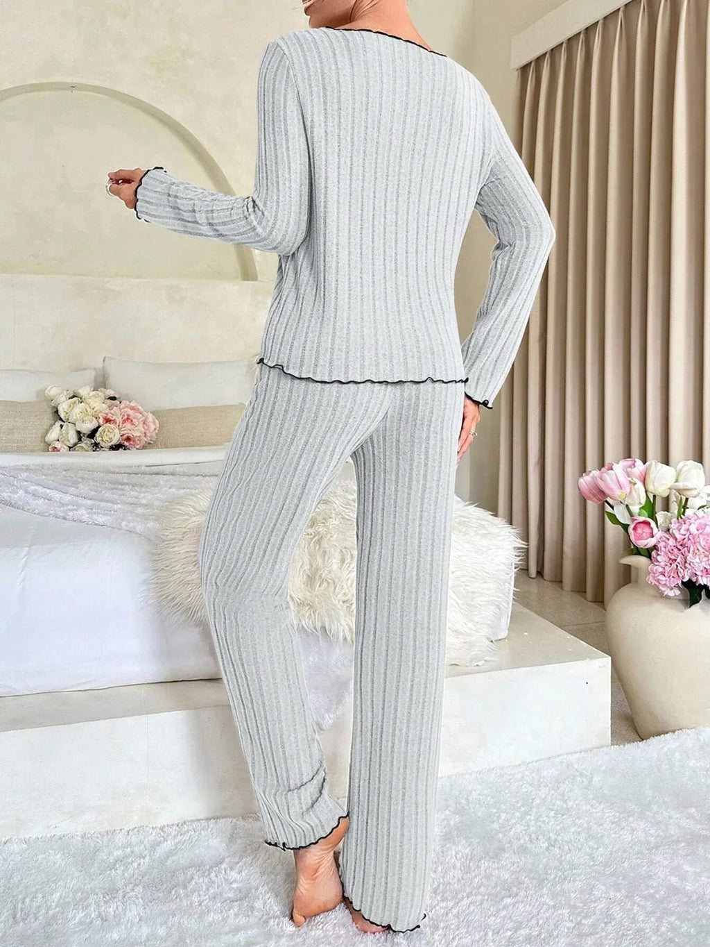 Ribbed Pajama Set with Contrast Trim - View 16 | TEVQA