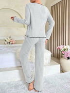 Ribbed Pajama Set with Contrast Trim - View 16 | TEVQA