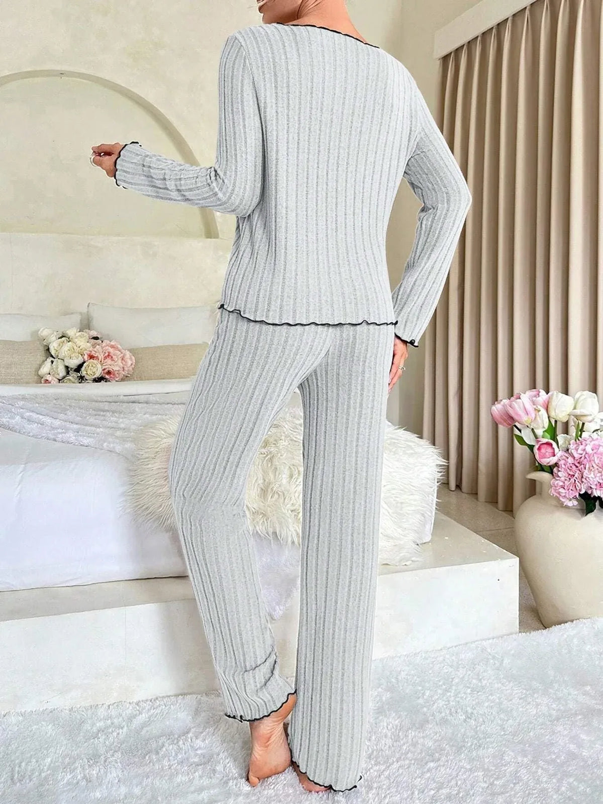 Ribbed Pajama Set with Contrast Trim - View 16 | TEVQA