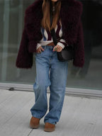 Vamp Burgundy Shaggy Faux Fur Cropped Jacket - TEVQA