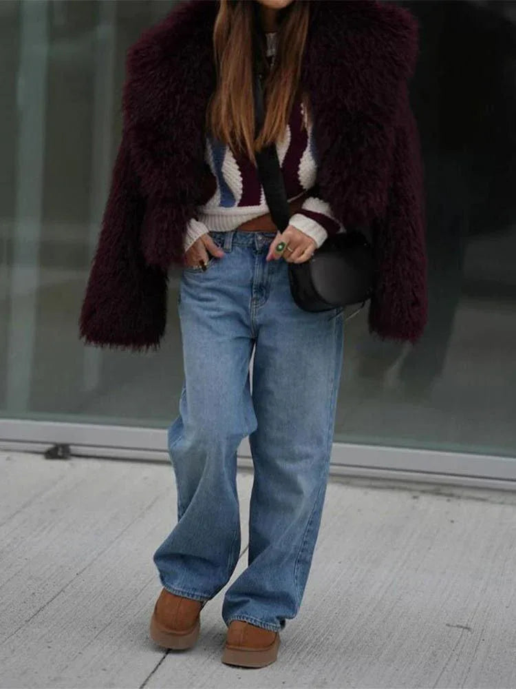 Vamp Burgundy Shaggy Faux Fur Cropped Jacket - TEVQA