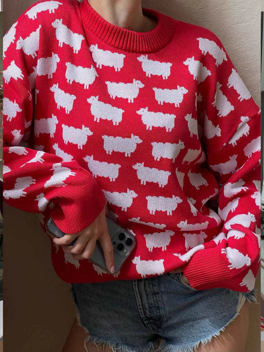 Whimsical Sheep Jacquard Knit Sweater - TEVQA
