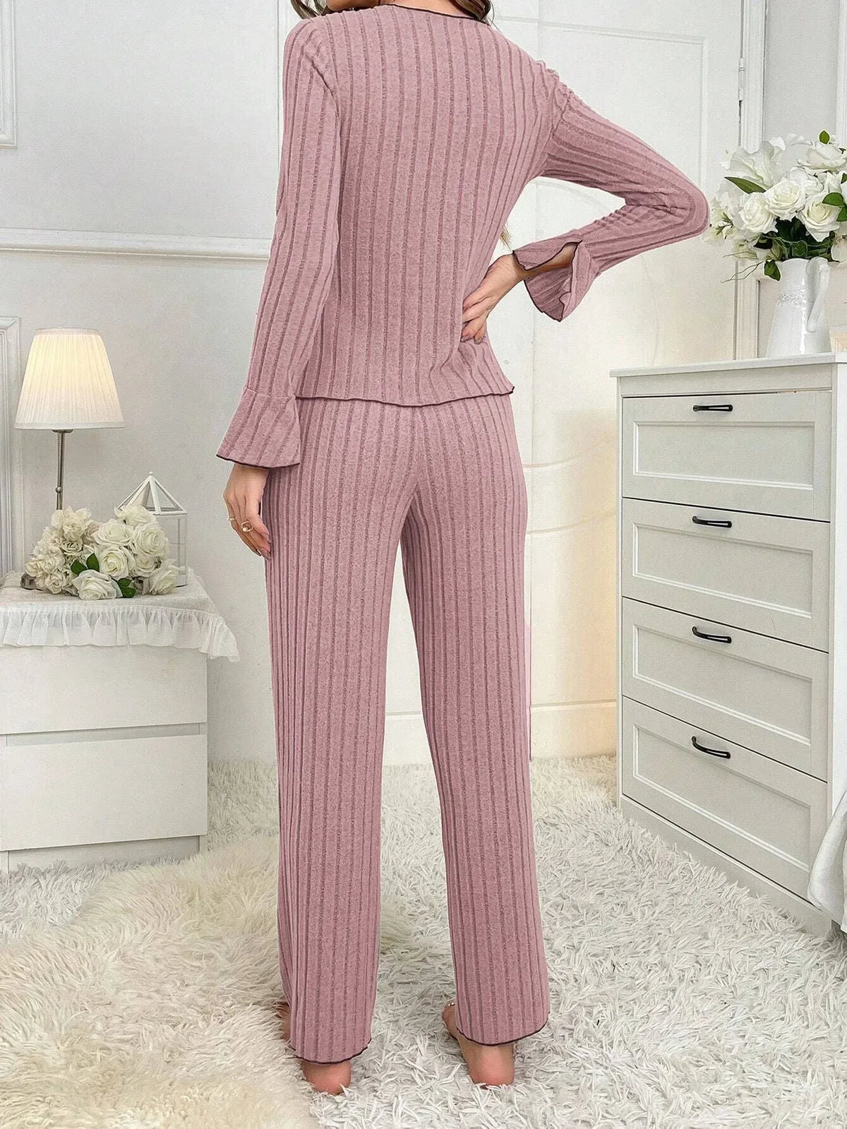 Ribbed pajama set with contrast trim and bow details - View 20 | TEVQA