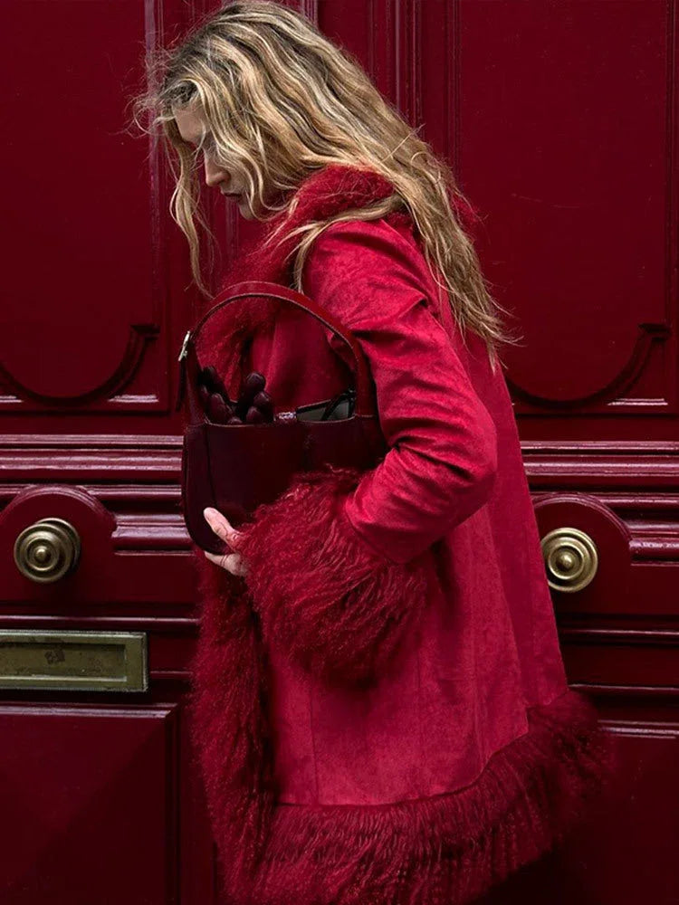 Crimson faux suede coat with textured fur trim - View 6 | TEVQA