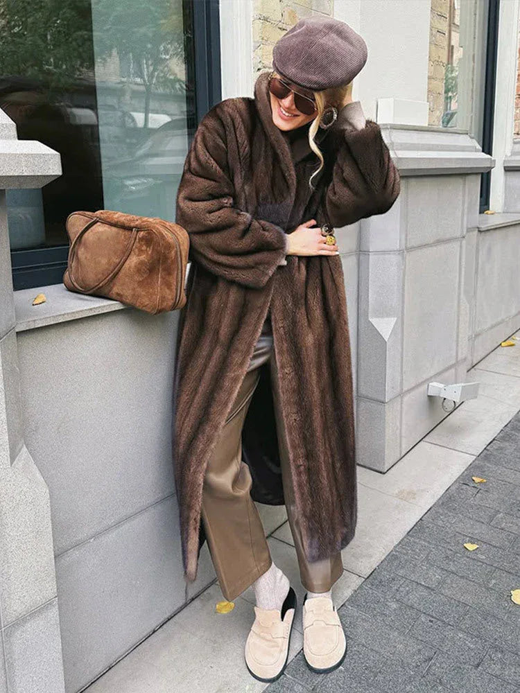 Vintage Chocolate Sheared Faux Mink Maxi Coat - TEVQA