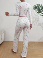 Tulip Floral Ribbed Henley Pajama Set - TEVQA
