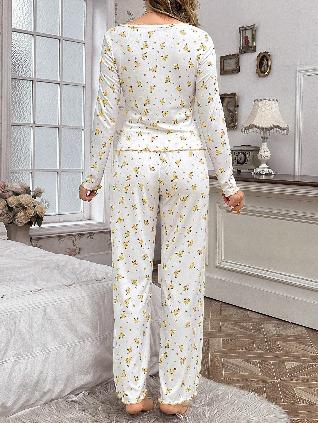 Coquette Ditsy Floral Ribbed Knit Pajama Set