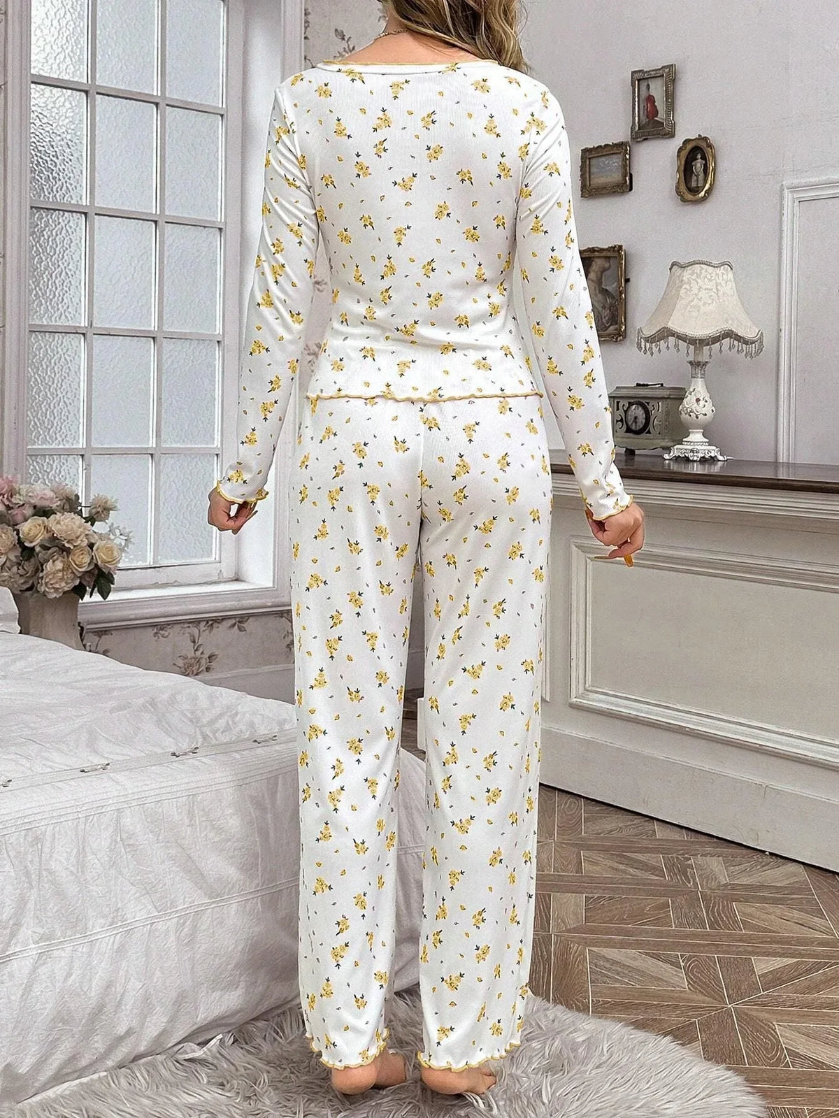 Ribbed Knit Floral Pajama Set - View 14 | TEVQA