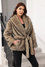 Luxe Grey Belted Faux Fur Coat - View 14 | TEVQA