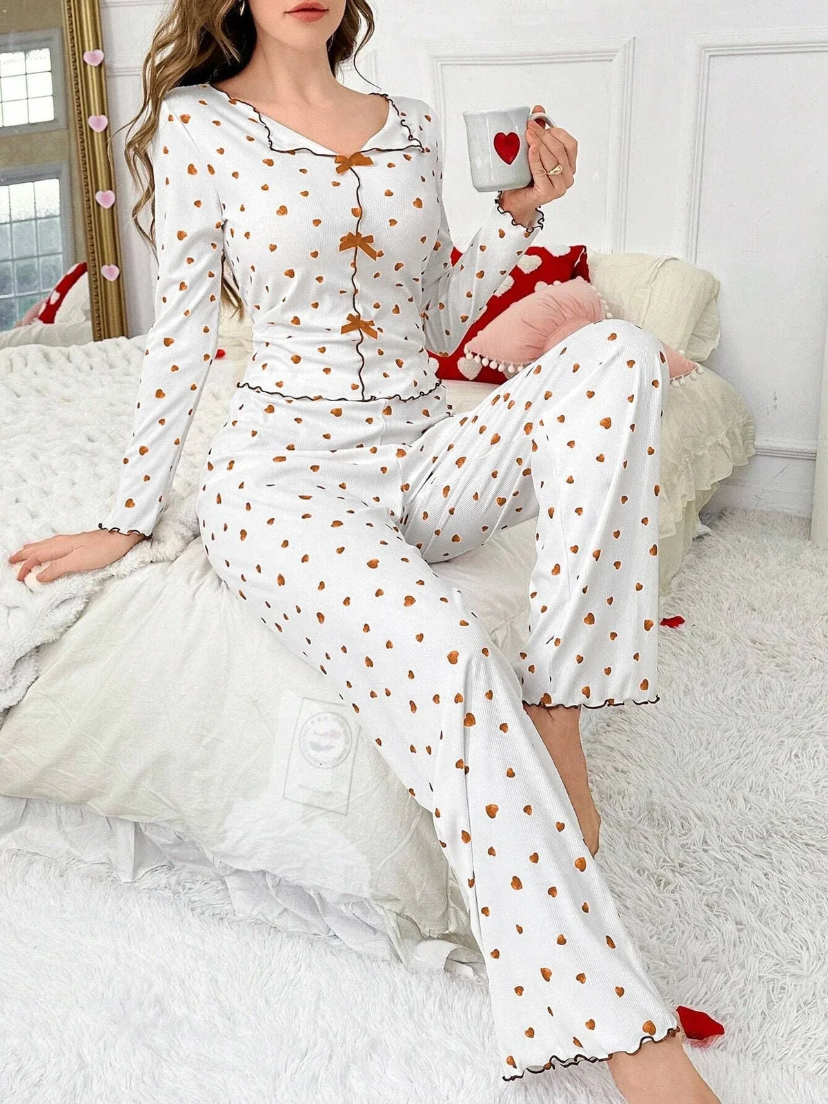 Ribbed Heart Print Pajama Set - View 40 | TEVQA