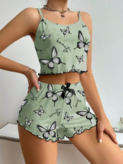 Blue Butterfly Print Ribbed Cami & Shorts Set