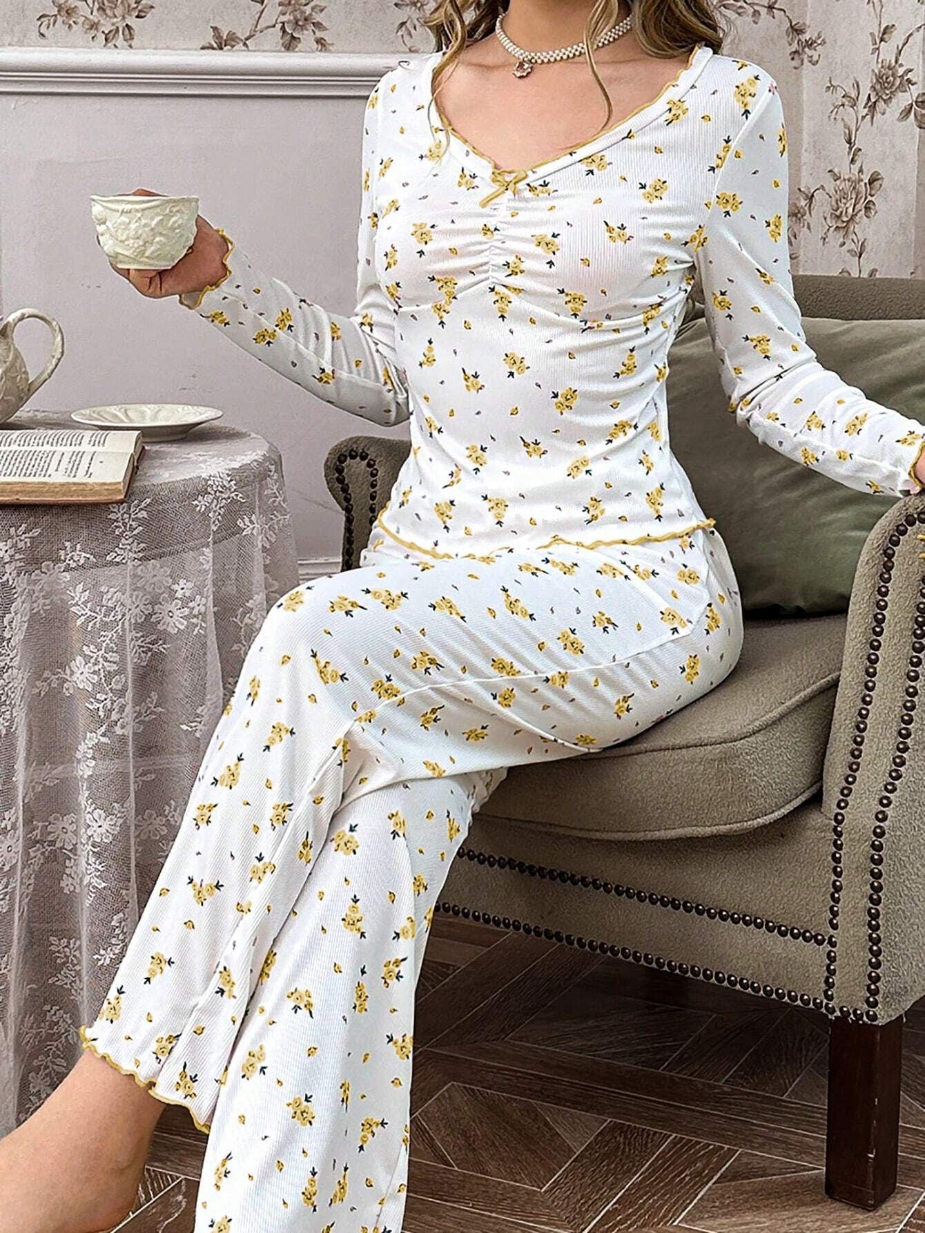 Coquette Ditsy Floral Ribbed Knit Pajama Set