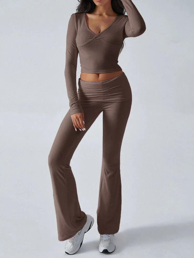 V-Neck Crop Top and Fold-Over Flare Pants Set - View 15 | TEVQA