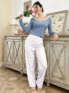 Ribbed knit pajama set with lace trim henley top and crown print bottoms - View 22 | TEVQA