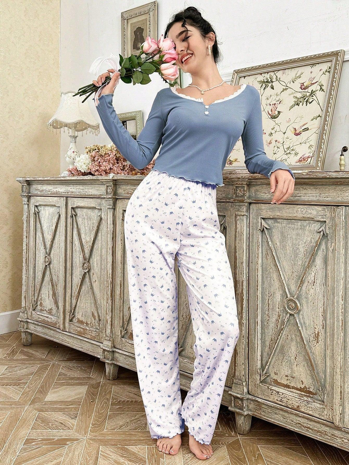 Ribbed knit pajama set with lace trim henley top and crown print bottoms - View 22 | TEVQA