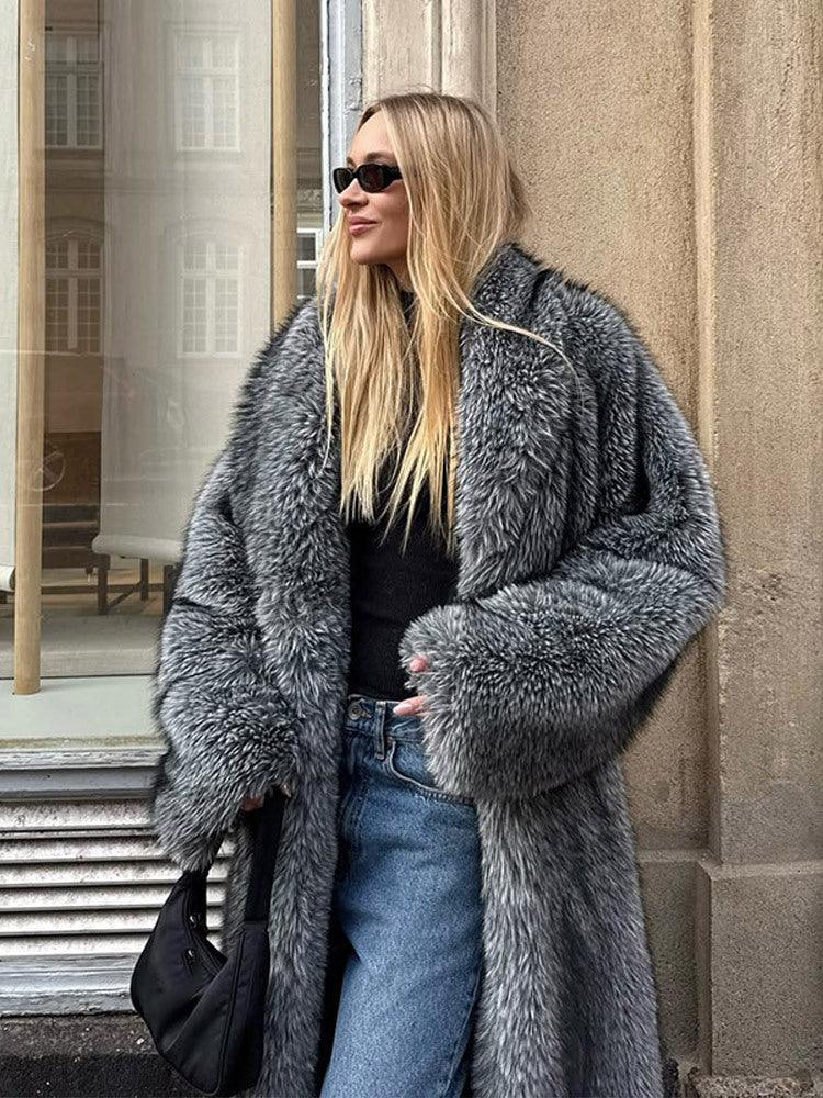 Opulent Silver Grey Faux Fur Maxi Coat - View 8 | TEVQA