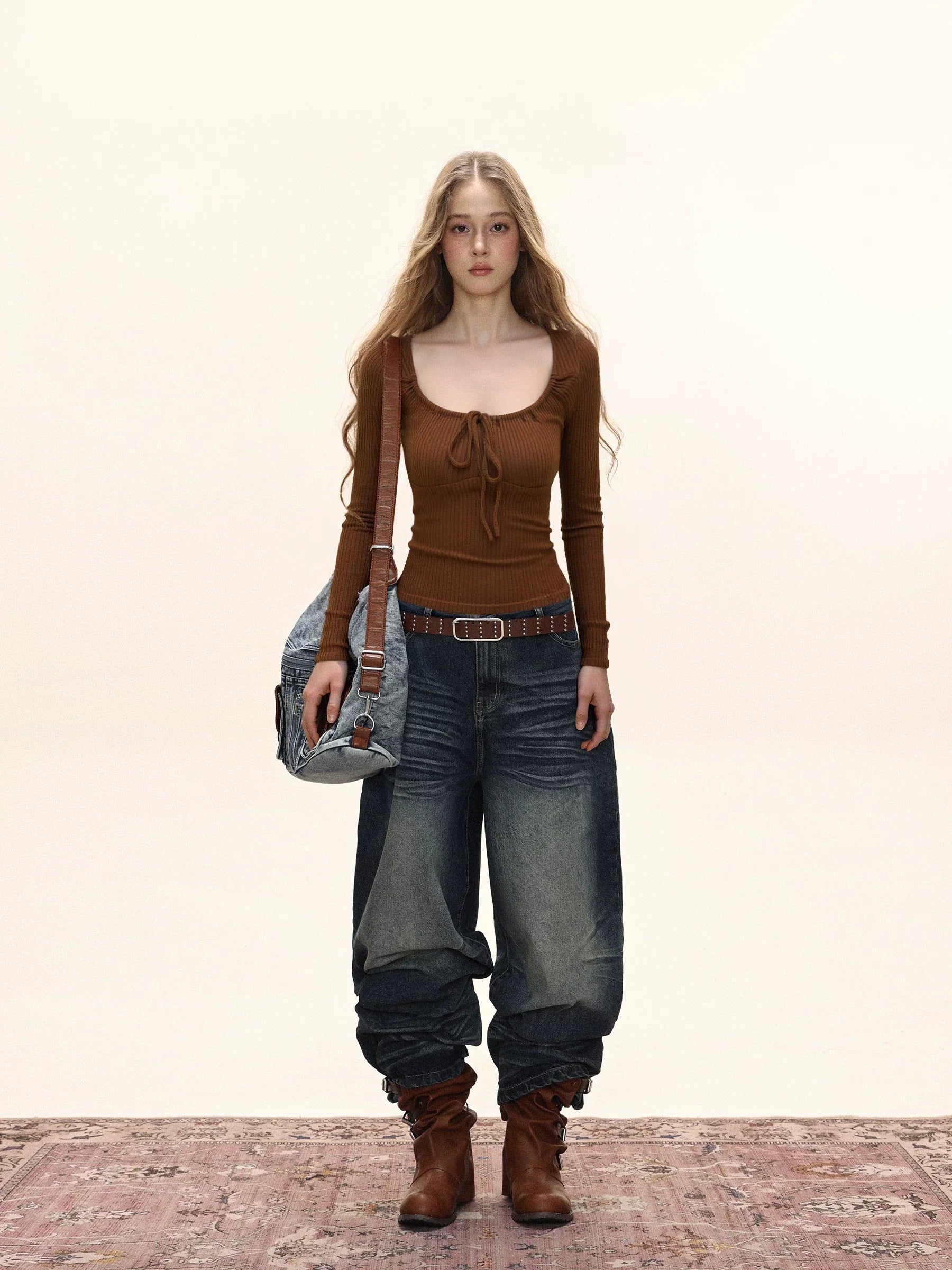 Square Neck Ribbed Knit Front Tie Long Sleeve Top