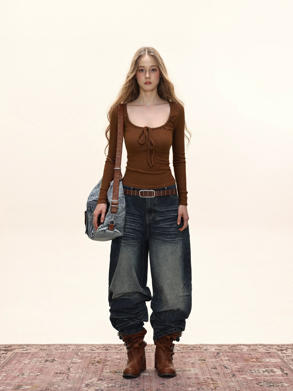 Square Neck Ribbed Knit Front Tie Long Sleeve Top