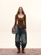 Square Neck Ribbed Knit Front Tie Long Sleeve Top