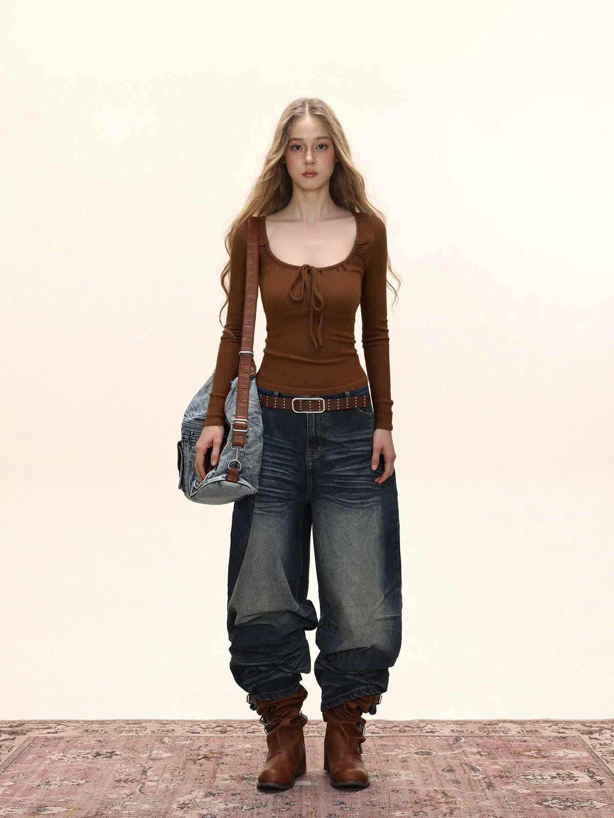 Square Neck Ribbed Knit Front Tie Long Sleeve Top