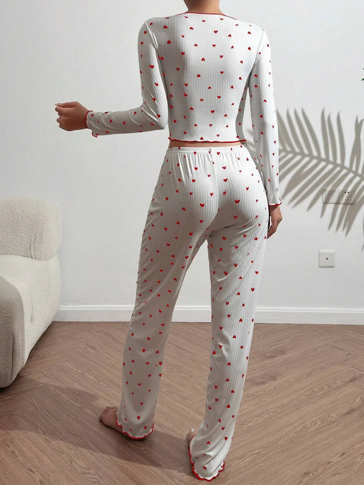 Ribbed Heart Print Pajama Set - View 13 | TEVQA