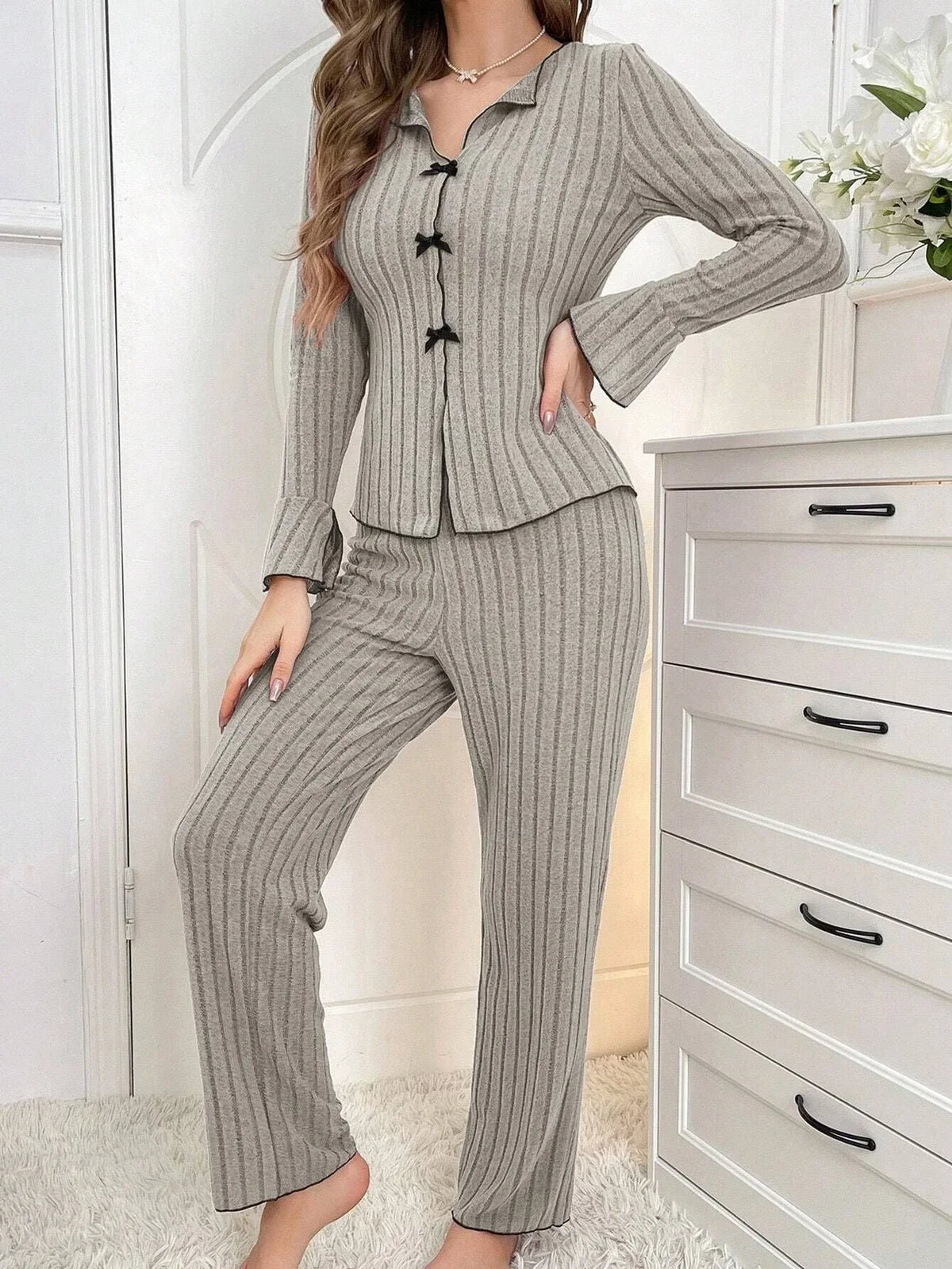 Ribbed pajama set with contrast trim and bow details - View 17 | TEVQA
