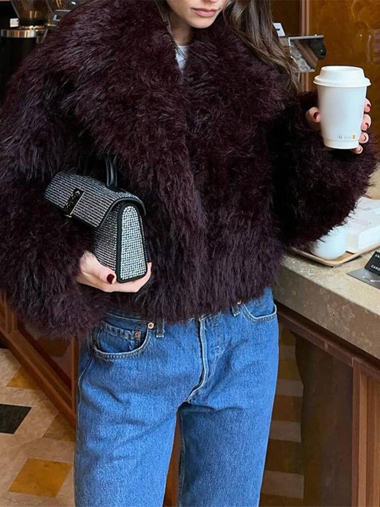 Vamp Burgundy Shaggy Faux Fur Cropped Jacket - TEVQA