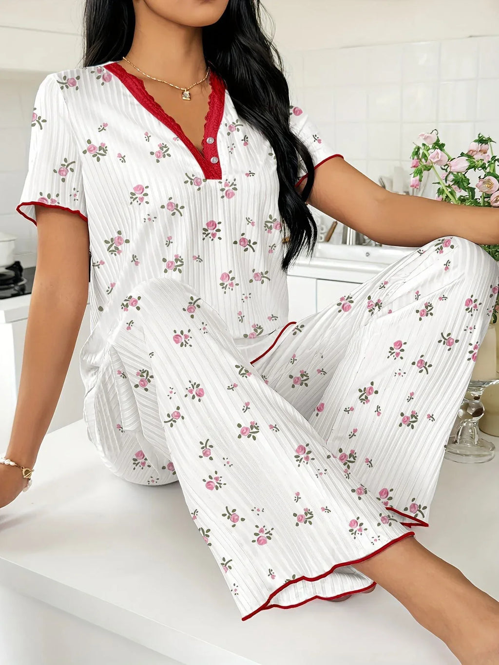 Ribbed Heart Print Lounge Set - View 22 | TEVQA