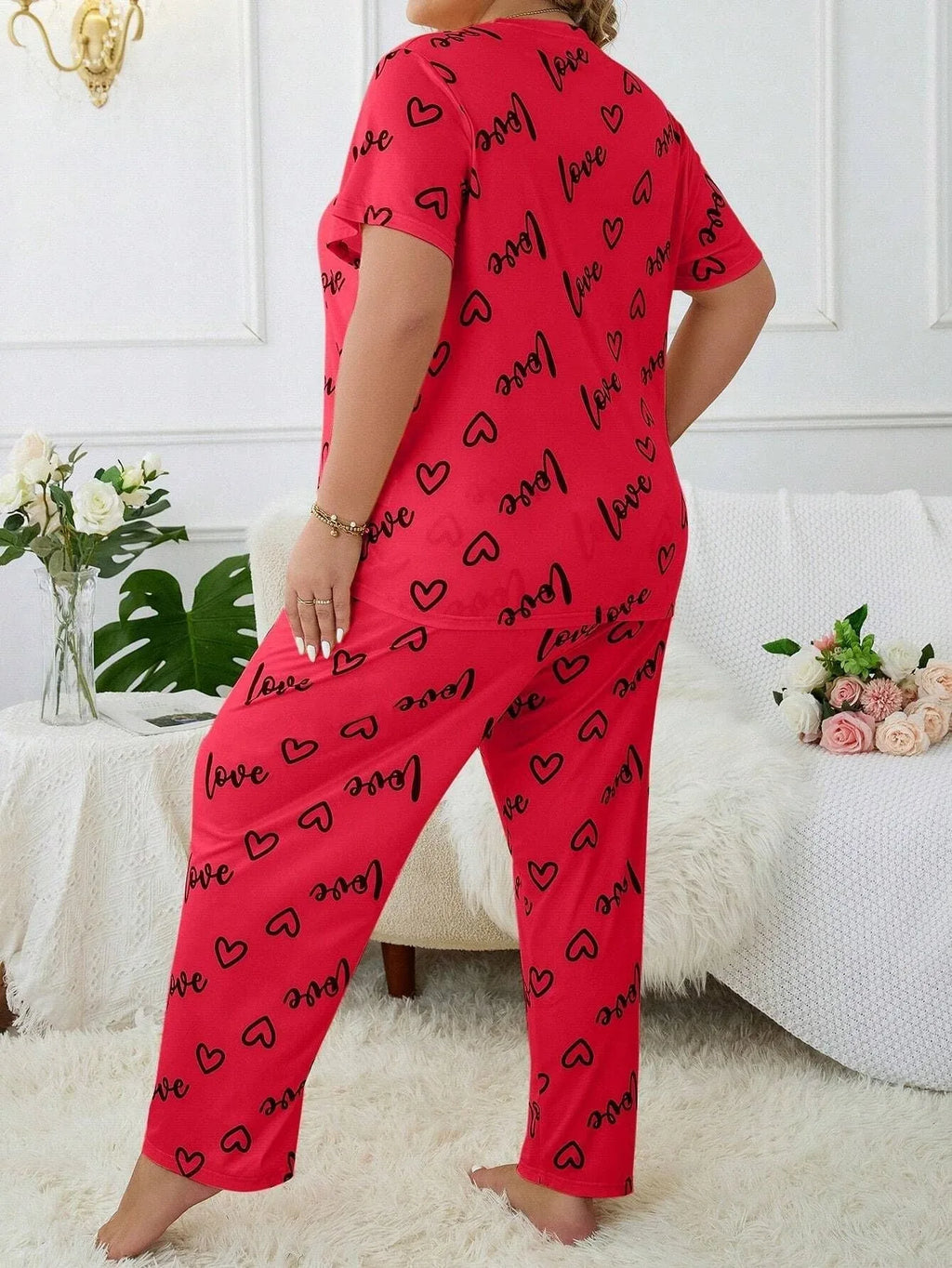 Plus Size "Love" Script Pajama Set - View 6 | TEVQA