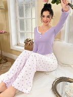 Ribbed knit pajama set with lace trim henley top and crown print bottoms - View 34 | TEVQA