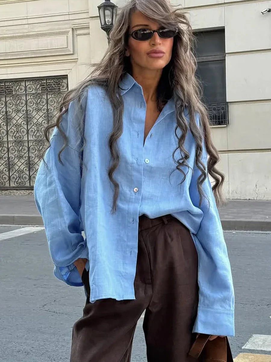 Effortless 100% Cotton Oversized Button Down Shirt - TEVQA