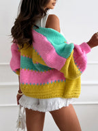 Vibrant Color Block Knit Cardigan - TEVQA