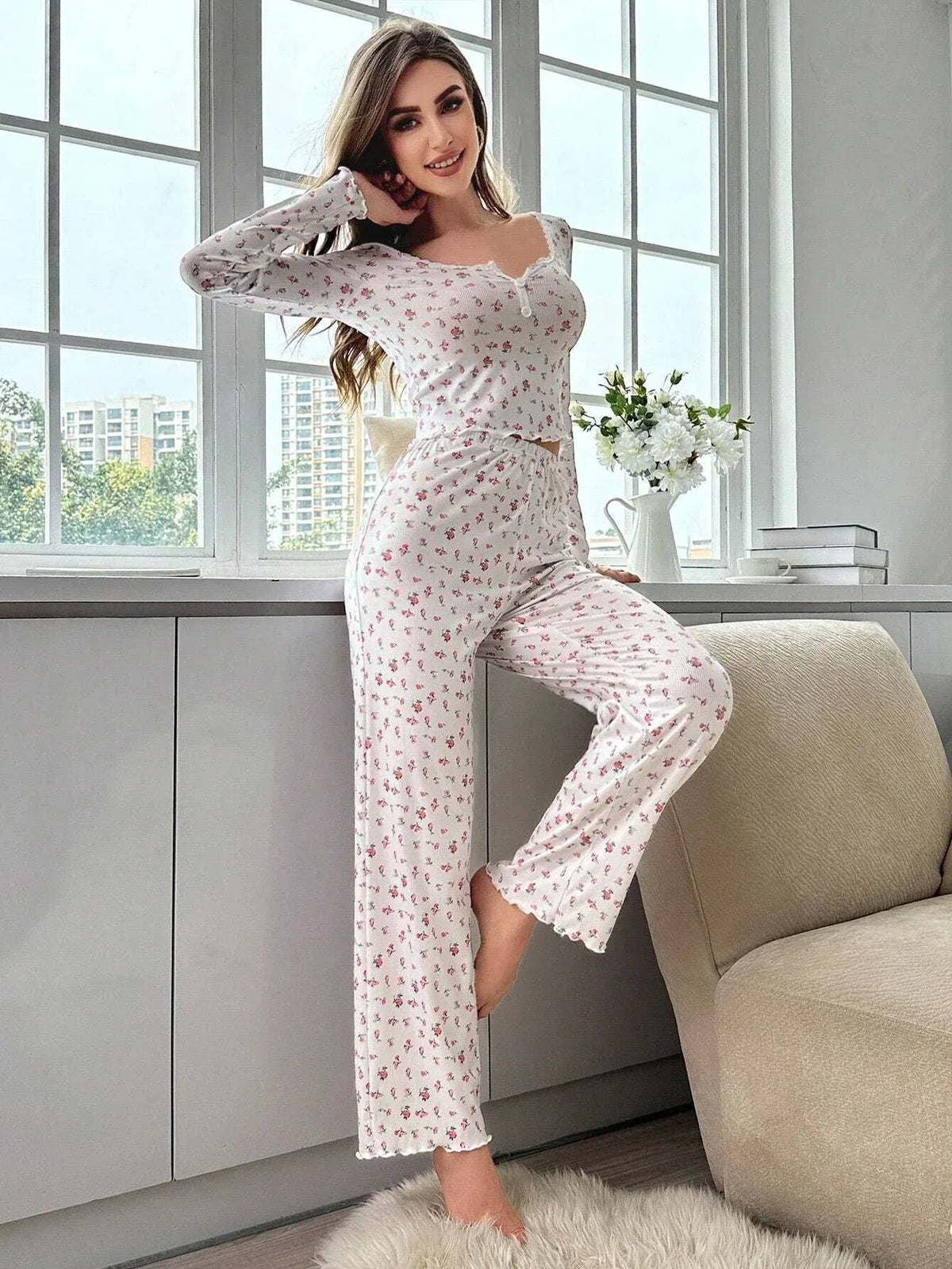 Ditsy floral ribbed henley pajama set - View 14 | TEVQA