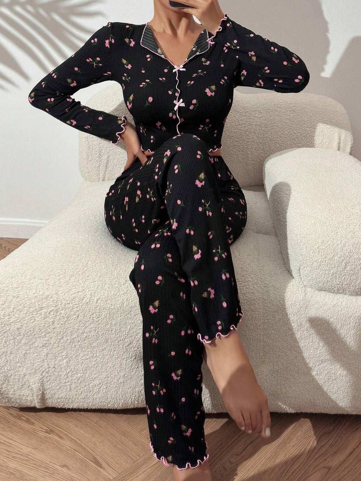 Tulip Floral Ribbed Henley Pajama Set - TEVQA