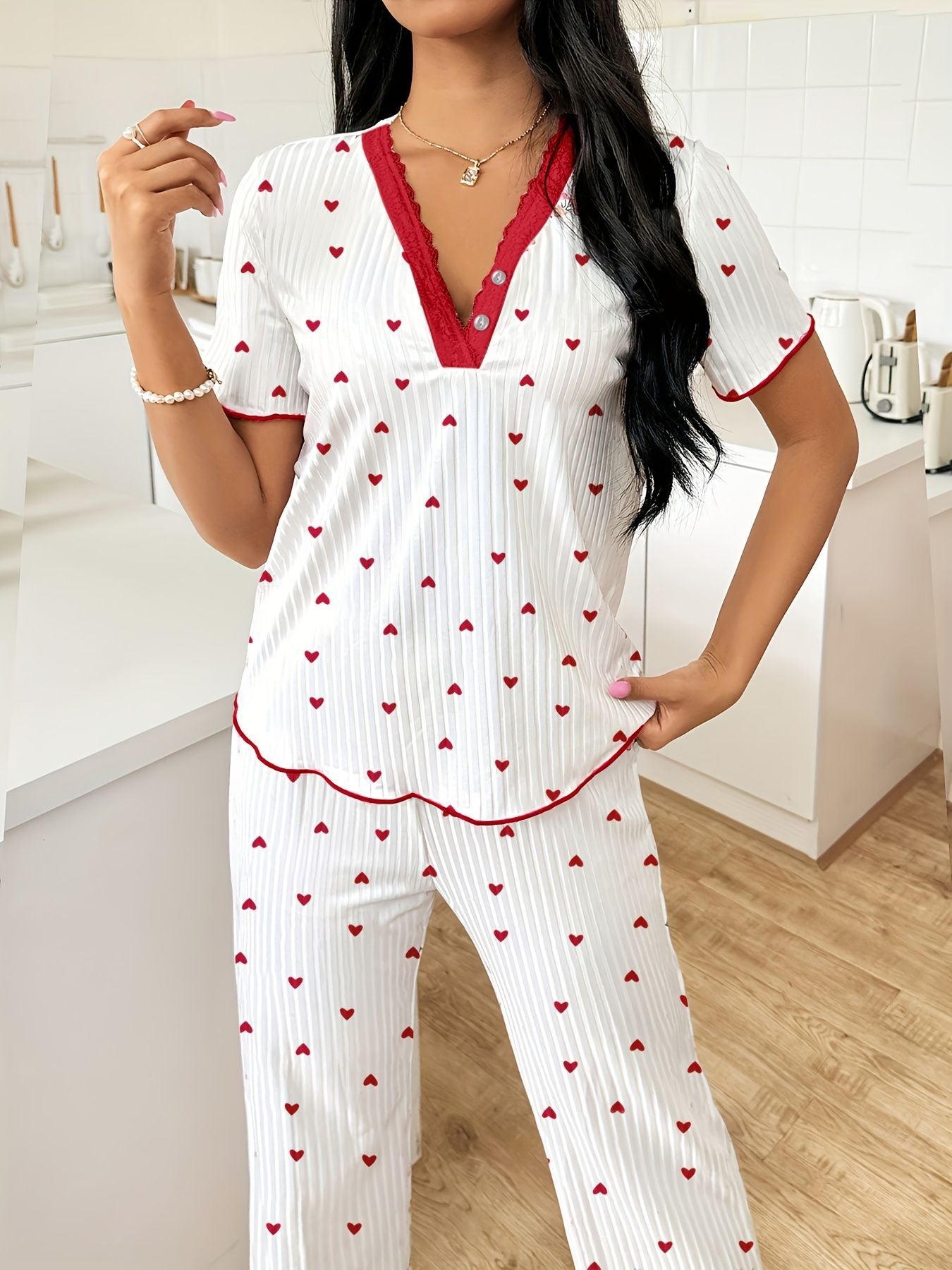 Heart Print Ribbed Lounge Set