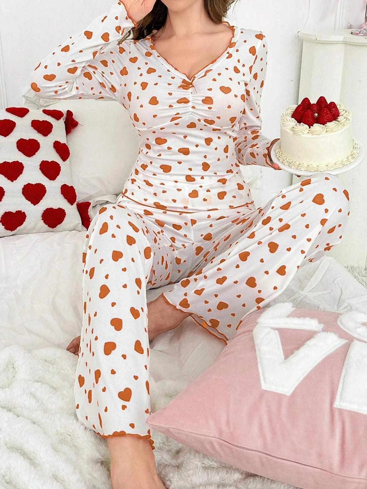 Ribbed Heart Print Pajama Set - View 39 | TEVQA