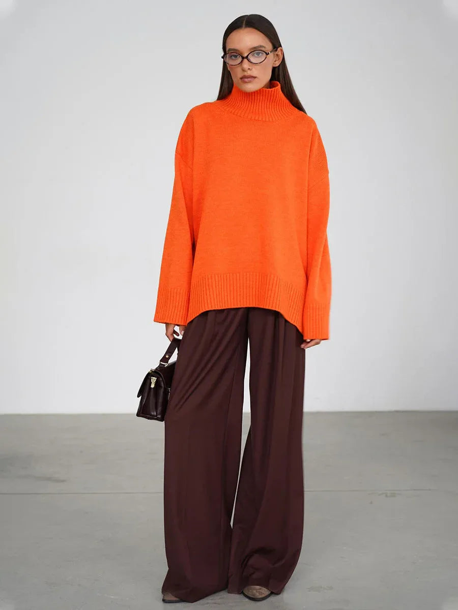 Effortless Oversized High-Neck Ribbed Knit Sweater - TEVQA