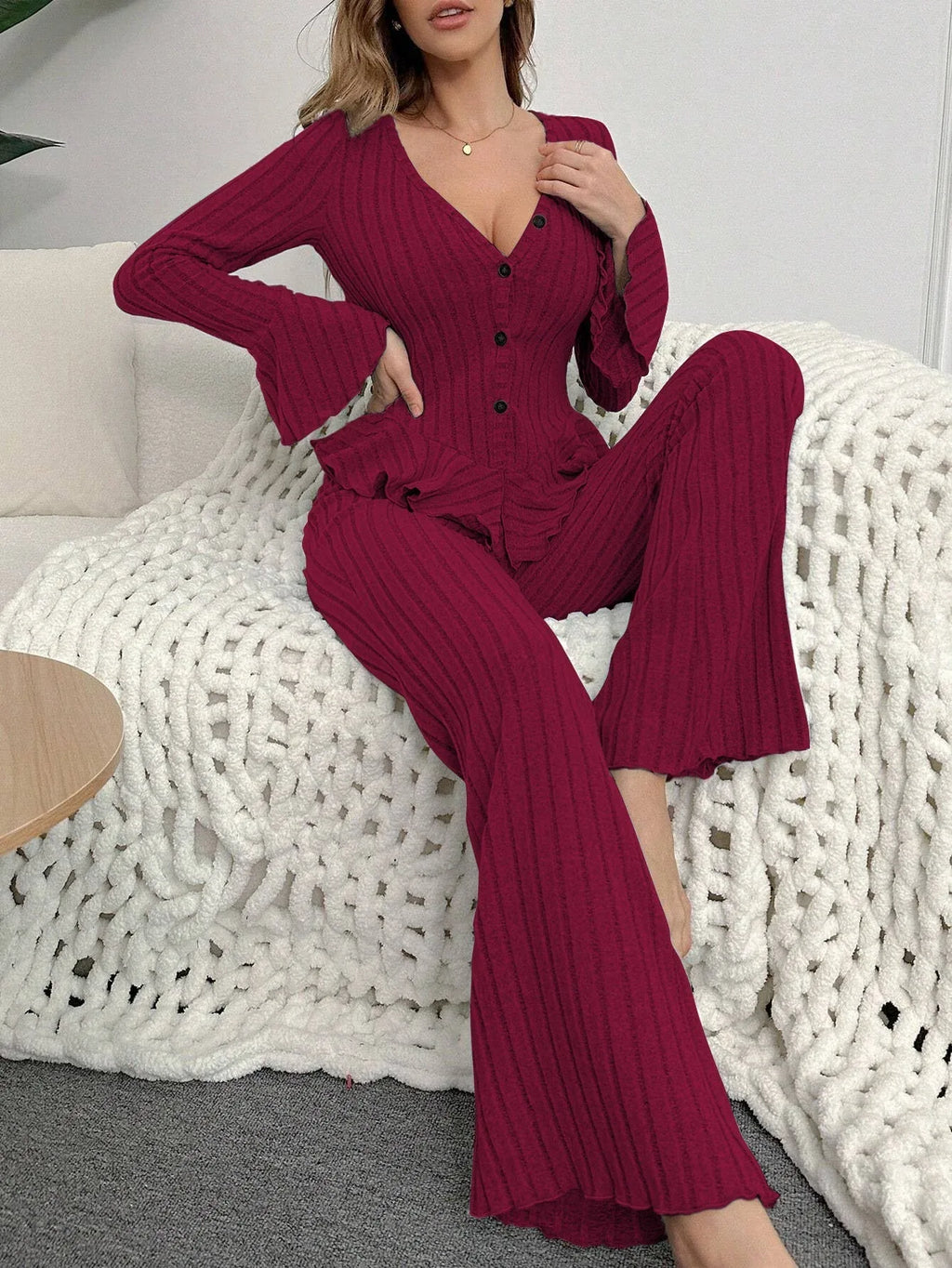 Ribbed Peplum Knit Lounge Set - View 22 | TEVQA