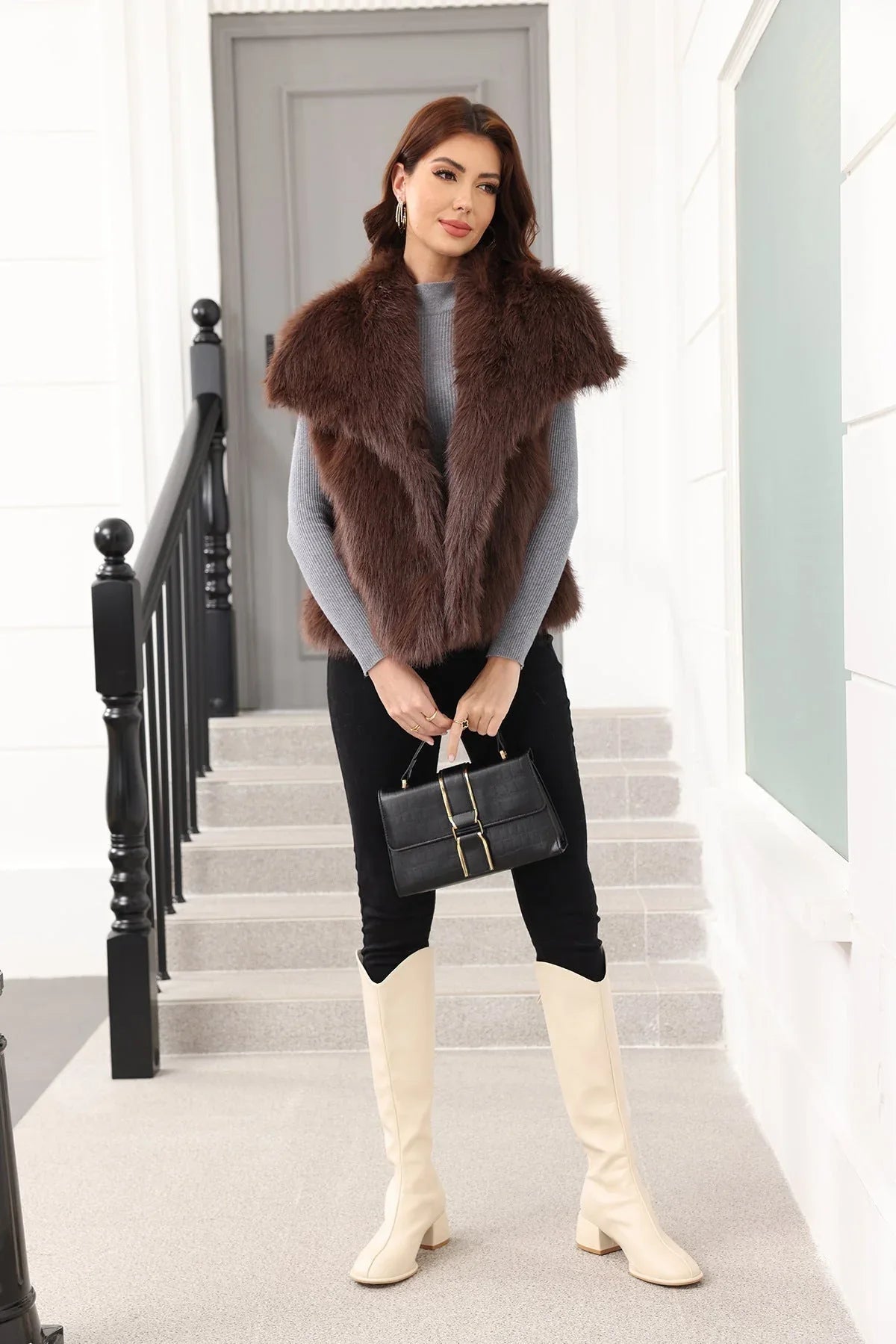 Oversized Lapel Faux Fur Vest - View 12 | TEVQA