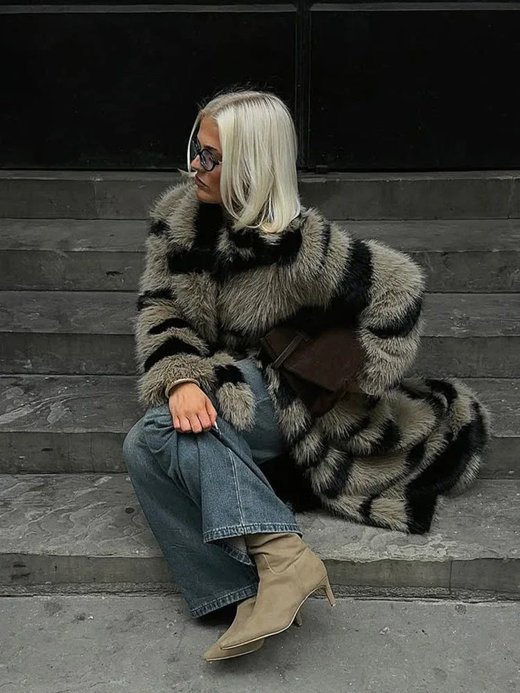 Vintage Zebra Stripe Faux Fur Long Coat - TEVQA