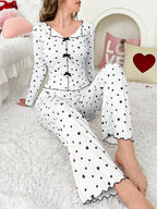 Ribbed Heart Print Pajama Set - View 10 | TEVQA