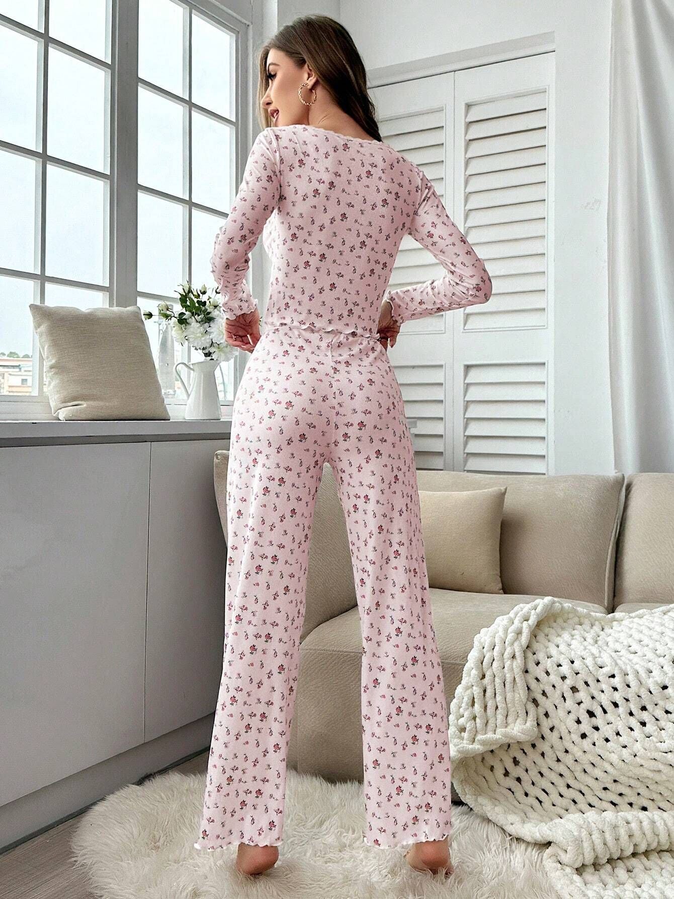 Coquette Ditsy Floral Ribbed Henley Pajama Set