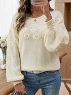 Whimsical 3D Daisy Embroidered Sweater - TEVQA