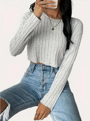 Noir Ribbed Knit Long Sleeve Crop Top - View 6 | TEVQA