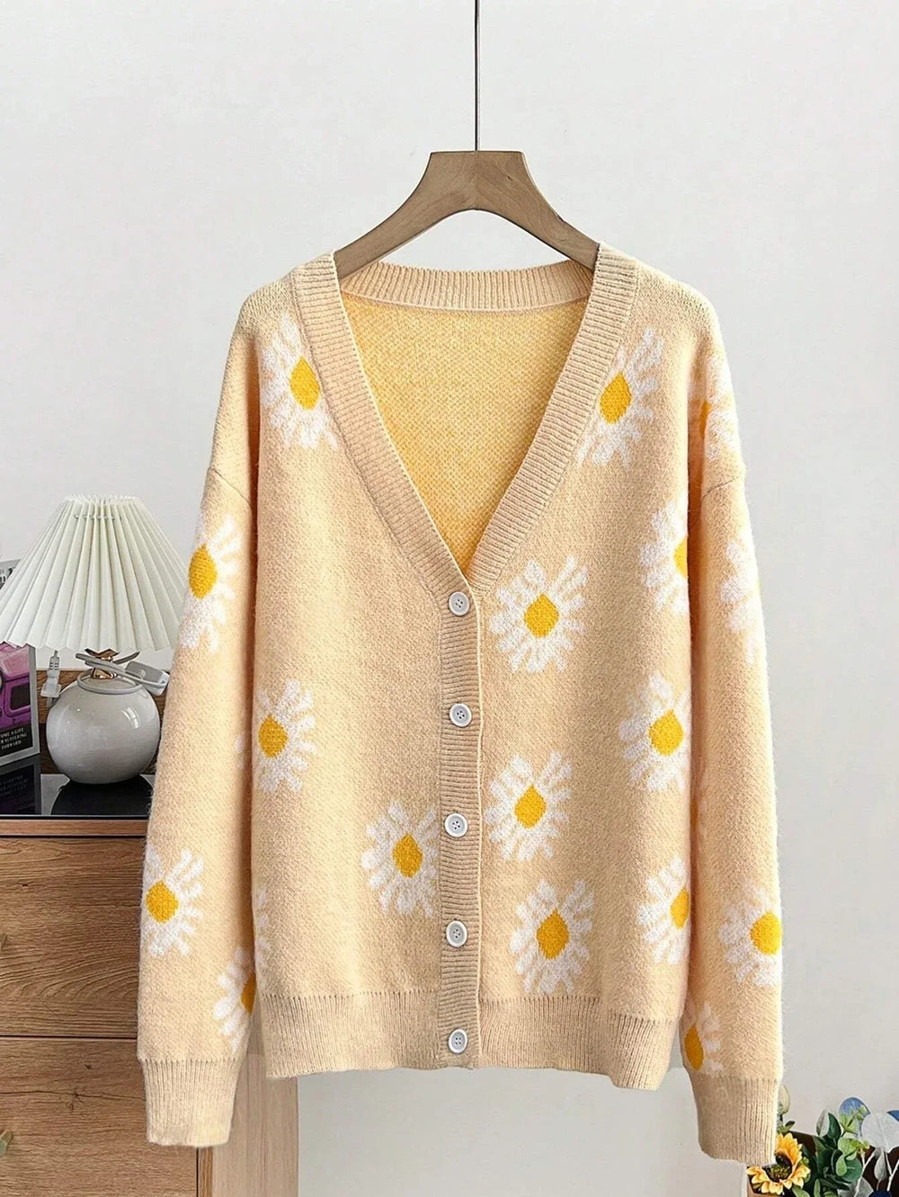 Whimsical Daisy Jacquard Knit Cardigan - TEVQA