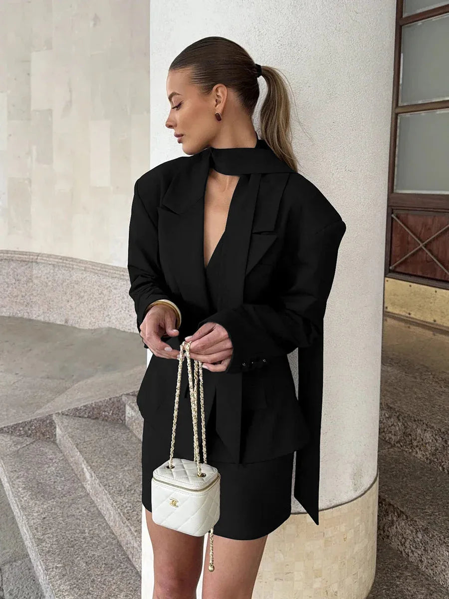 Sophisticated Scarf-Neck Tailored Blazer - View 8 | TEVQA