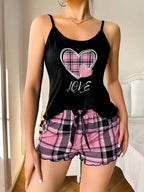 Plaid Heart Print Cami & Shorts Set - View 10 | TEVQA