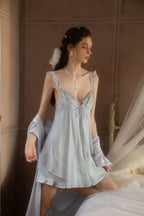 Celestial Silver Satin Lace Nightgown - TEVQA